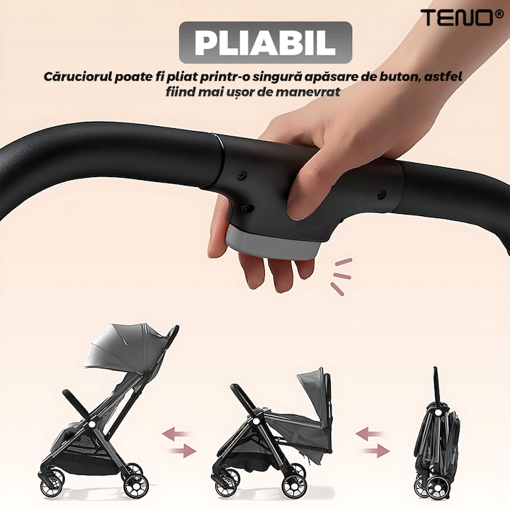 Carucior Sport pentru Bebelusi Teno®, pliabil, usor de carat, sezut reglabil, spatios, cosulet dorsal, buzunar la spate, copertina retractabila, greutate maxima suportata 25 kg, gri inchis