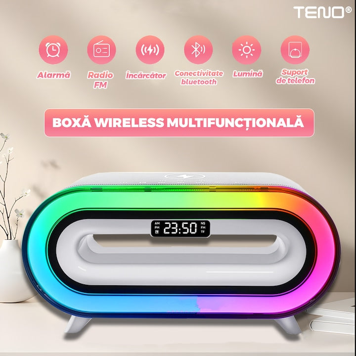 Boxa Multifunctionala 3 in 1 Teno®, lampa LED RGB, incarcator de gadgeturi wireless, functie de radio, 4 porturi integrate, design modern, alb