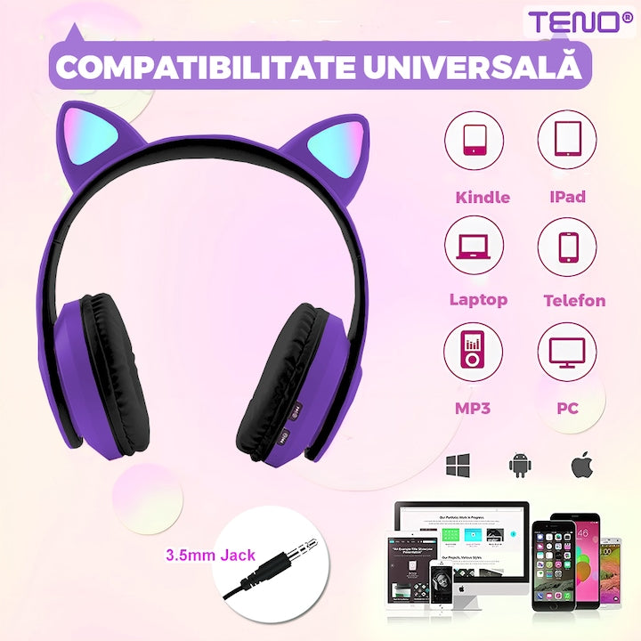 Casti Wireless Model Pisica Teno®, B39, overear, urechi de pisica cu iluminare RGB, bluetooth 5.0, handsfree, HiFi, bass stereo, mov/negru
