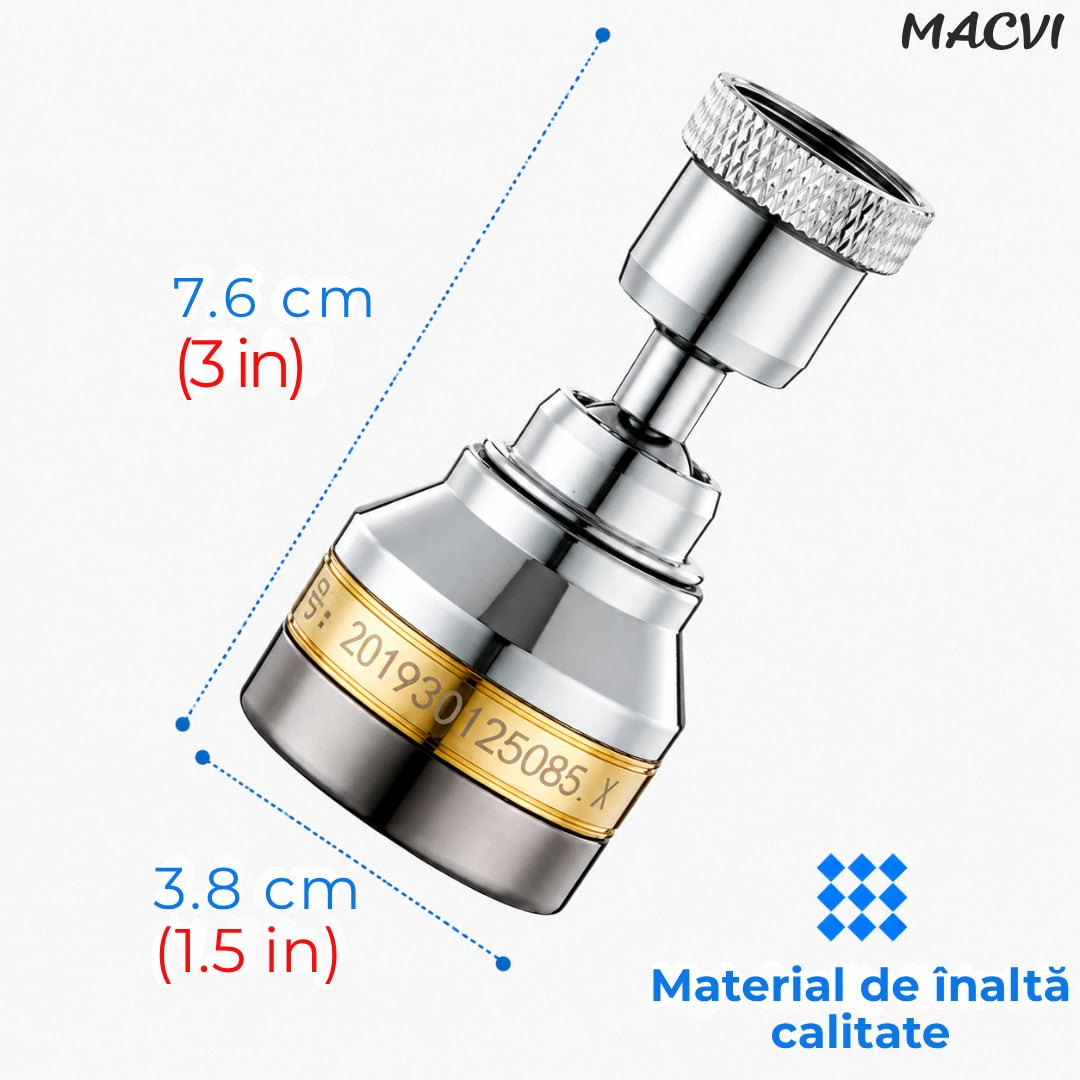 Prelungitor flexibil robinet Macvi® 360° 3 moduri jet economisire apa anti calcar alama inox 7.5 cm argintiu