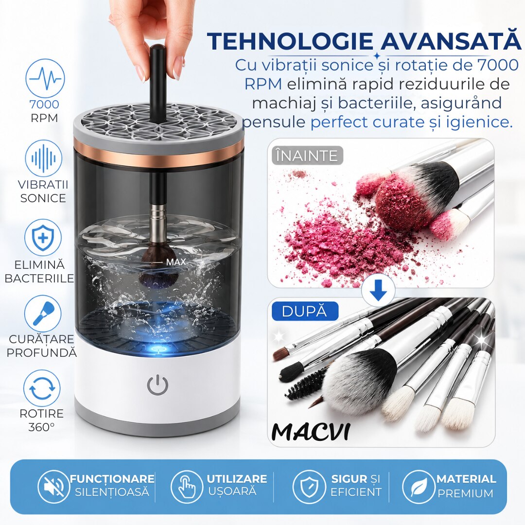Dispozitiv automat de curatare pensule machiaj Macvi®, ultrasonic, 7000 RPM, incarcare USB, compact, ABS/PC, transparent