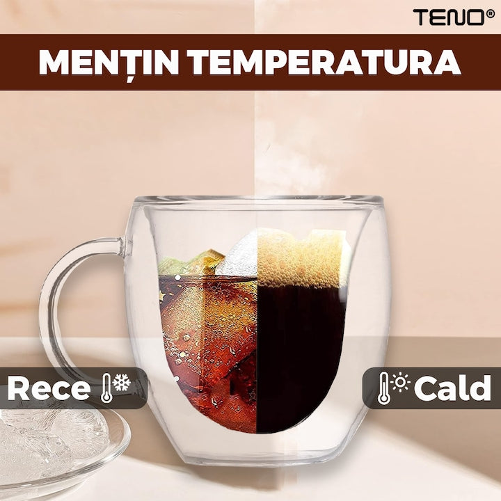 Set 2 Cani de Sticla cu Perete Dublu Teno®, model inimioara, design modern, termorezistente, capacitate 250 ml, 9 x 8 cm