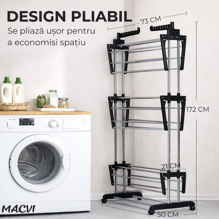 Uscator vertical pentru rufe Macvi®, cu 3 nivele de uscare, mobil si pliabil, suport umerase, negru