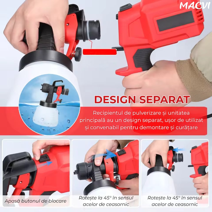 Pistol vopsit electric Macvi® 500W rezervor 800ml, rosu, viteza reglabila 32000rpm, 3 moduri de pulverizare, pulverizare fina, duze interschimbabile pentru interior tavan gard lac lemn metal