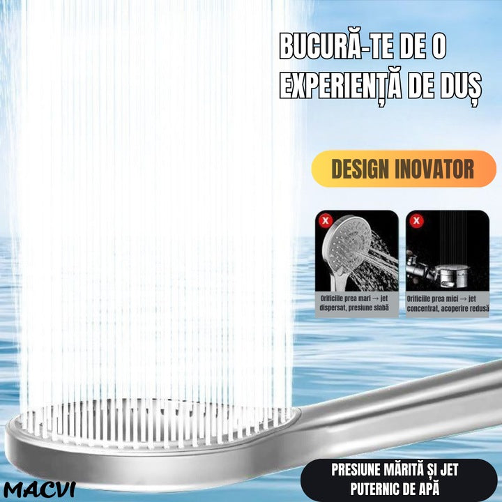 Cap de dus Macvi® cu jet reglabil, flexibilitate versatila, moduri multiple de pulverizare, finisaj argintiu
