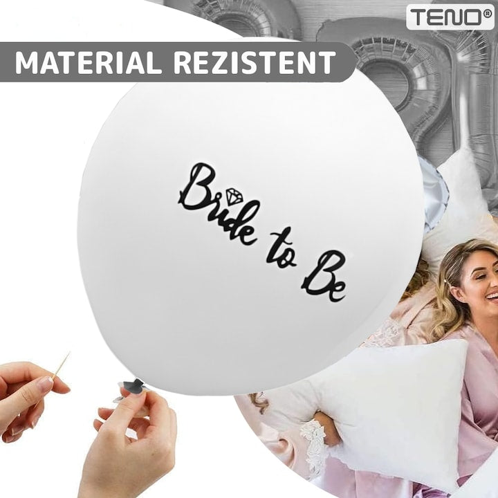 Set 6 Baloane Teno®, pentru Petreceri/Evenimente, rezistente, elastice, usor de umflat, model BRIDE TO BE, 30 cm, alb