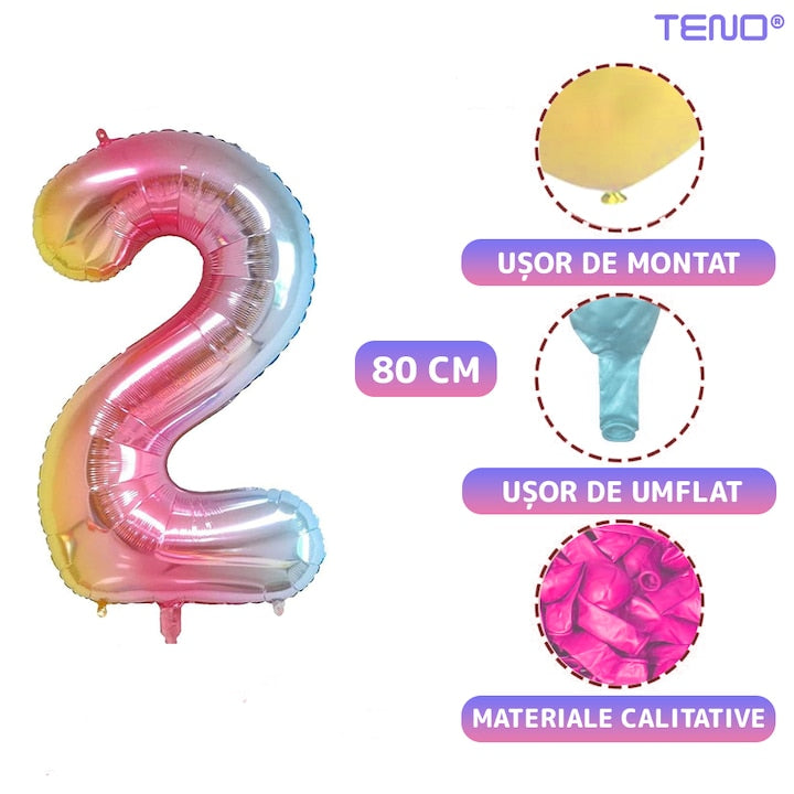 Set 14 Baloane CIfra 2 Teno®, coroana, balon pastelat, pentru Petreceri/Aniversari/Evenimente, mai multe dimensiuni, latex, multicolor