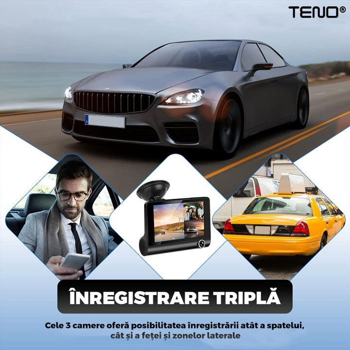 Camera Auto Tripla Teno®, fata, spate, interior, laterale, vizualizare unghi de 140°, camera marsarier, ecran de 4”, LED, full HD 1080p, loop recording, negru