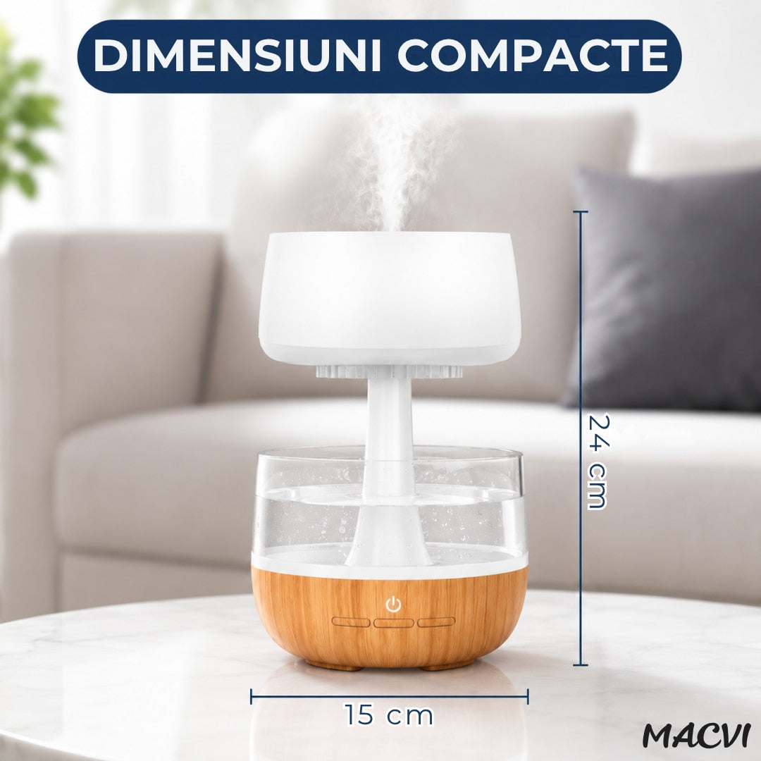 Umidificator decorativ cu efect de ploaie tip nor Macvi® cu LED 7 culori sunet ploaie, 0.3L, Cablu USB
