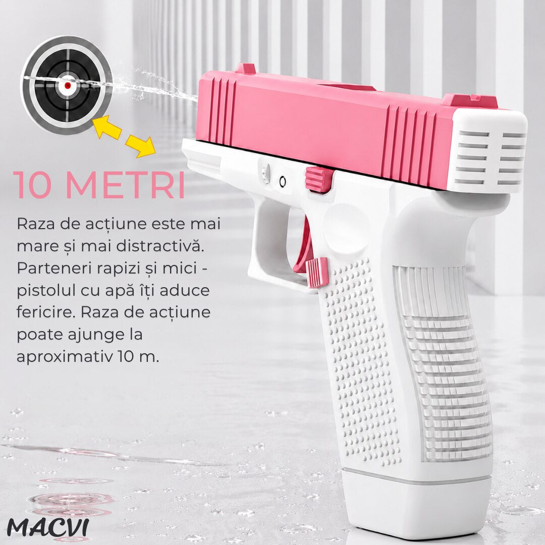 Pistol cu apa copii Macvi®, alb cu roz, actionare manuala, jucarie vara exterior, dezvoltare dexteritate, 11.5 x 10 x 2.5 cm