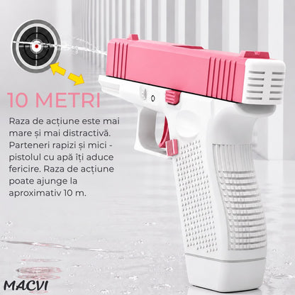 Pistol cu apa copii Macvi®, alb cu roz, actionare manuala, jucarie vara exterior, dezvoltare dexteritate, 11.5 x 10 x 2.5 cm