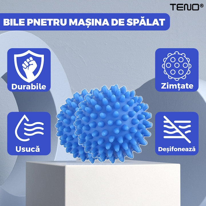 Set 2 Bile pentru Masina de Spalat si Uscator Teno®, reduc timpul de uscare al hainelor, ajuta impotriva sifonarii si incurcarii hainelor, previn incarcarea statica, compacte, reutilizabile, albastru