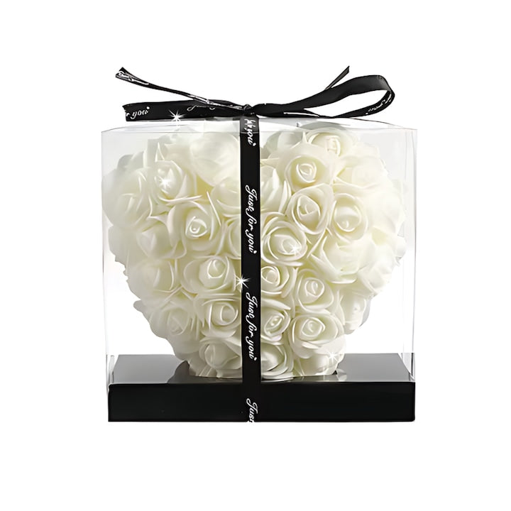 Inimioara din Trandafiri de Spuma Teno®, floral alb, handmade, cutie transparenta, eleganta si naturala, nemuritoare, 17 cm