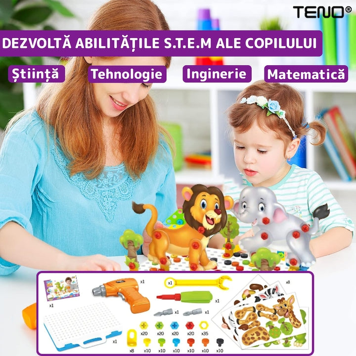 Jucarie Educativa si Interactiva 4in1 Teno®, 198 piese, bormasina pentru inginerie, pentru fete si baieti, manual inclus, puzzle 3D/2D, dezvoltare STEM, montessori, multicolor