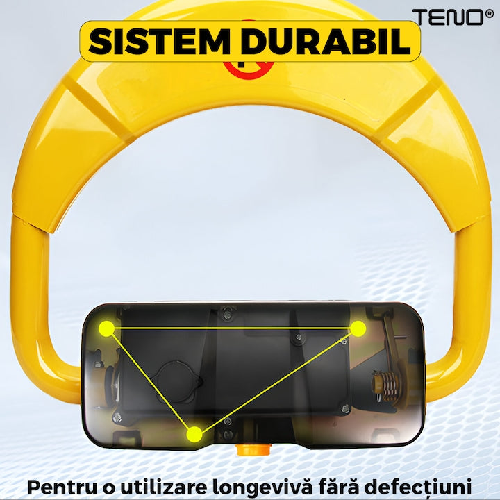 Blocator Parcare Automat Teno®, patrat, pentru loc parcare si alee, cu telecomanda si alarma, greutate suportata 5 tone, material rezistent, anti-rugina, alimentare cu acumulator, negru/galben