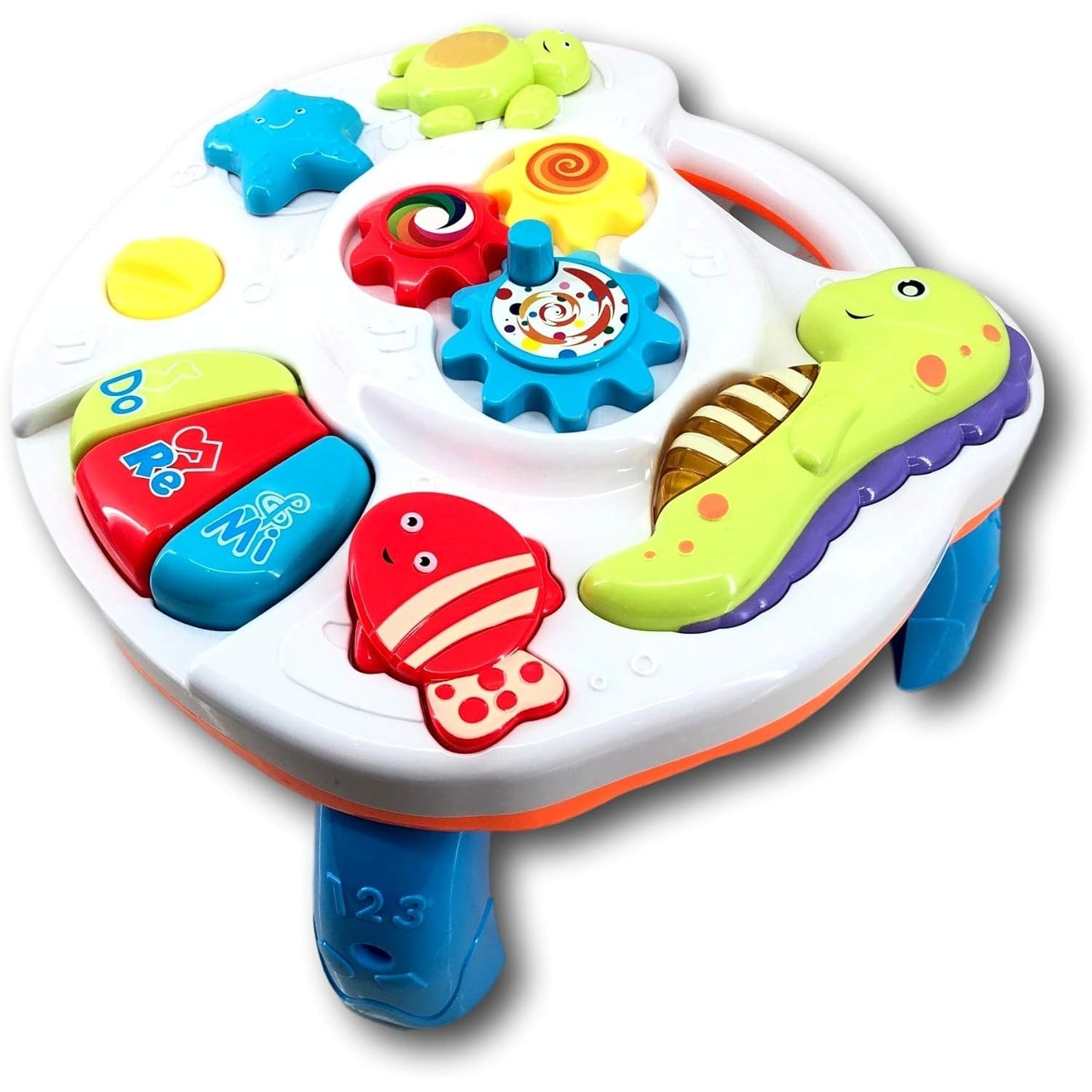Masa de activitati muzicale 2in1 Macvi®, pentru bebelusi, cu pian, lumini si sunete, detasabila, prindere pentru patut, alb-albastru