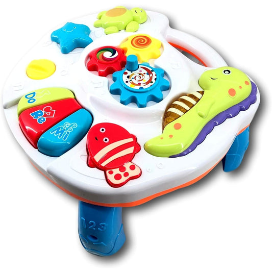 Masa de activitati muzicale 2in1 Macvi®, pentru bebelusi, cu pian, lumini si sunete, detasabila, prindere pentru patut, alb-albastru