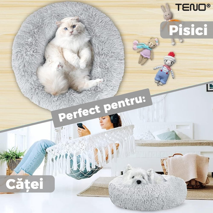 Pat Animale Teno®, captusit, moale, pufos si calduros, pentru caini si pisici, diametru 100cm, baza anti-alunecare, gri