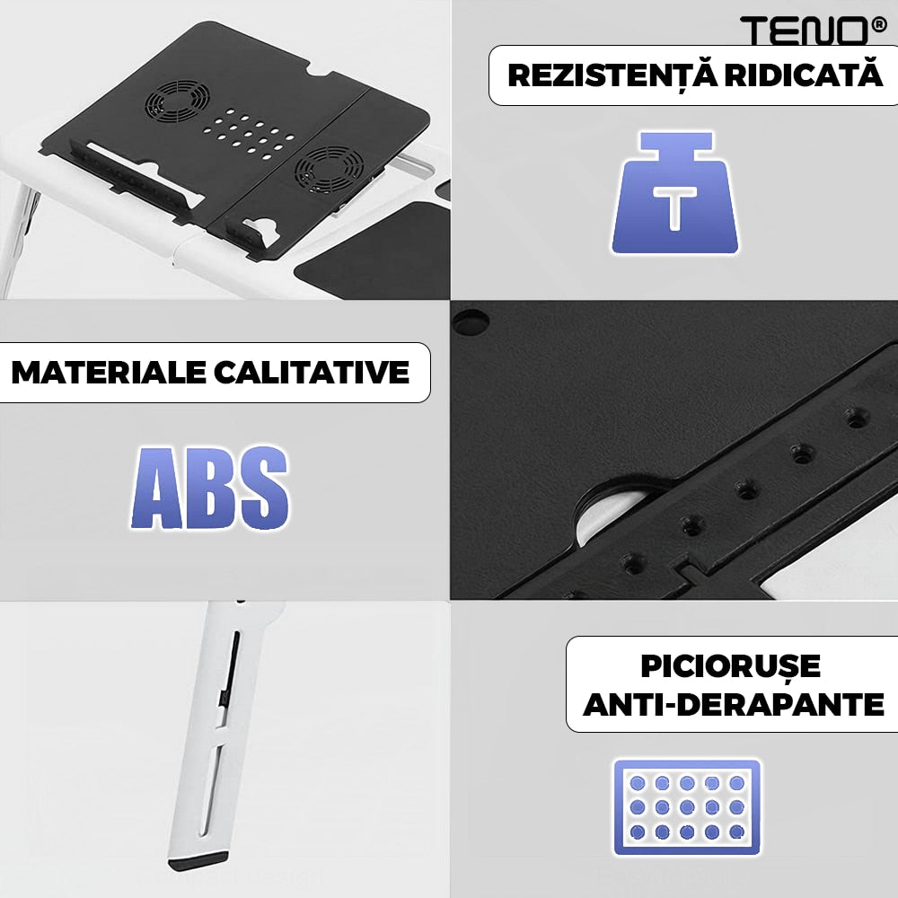 Masuta Universala Teno®, pliabila, pentru laptop/tableta/ mic dejun la pat, sistem cu fante de racire, suport pentru pahar, unghi reglabil, usor de depozitat, alb/negru