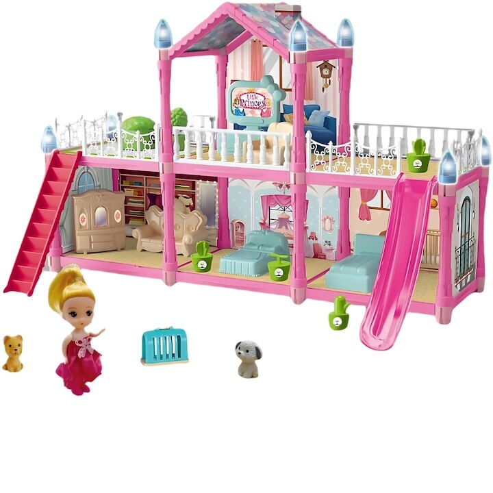 Casuta de papusi Macvi® 179 piese, 2 etaje, 6 camere, terase si scari, mobilier si accesorii incluse, cu catel si papusa, roz, model 556-73, jucarie pentru copii 3+ ani