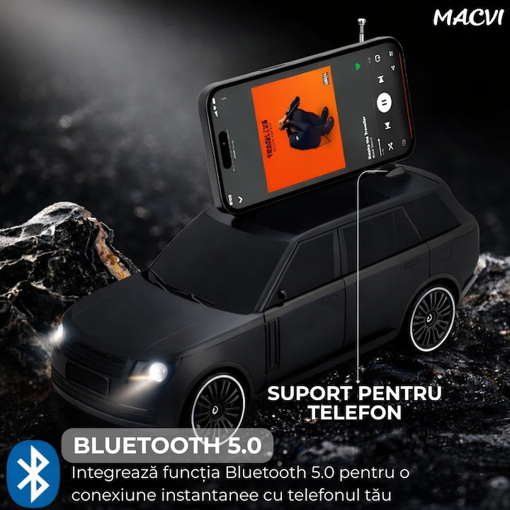Boxa Portabila Macvi®, Bluetooth 5.0 cu design de masina, faruri luminate, incarcare usb si panou solar, functie suport pentru telefon, negru