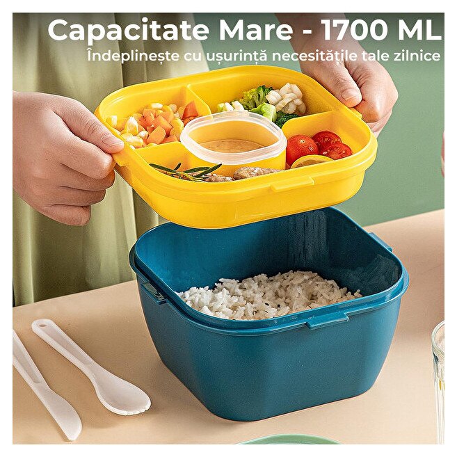 Caserola Alimentara Macvi® 1.7L cu 4 Compartimente si Recipient Sos Lunch Box BPA Free