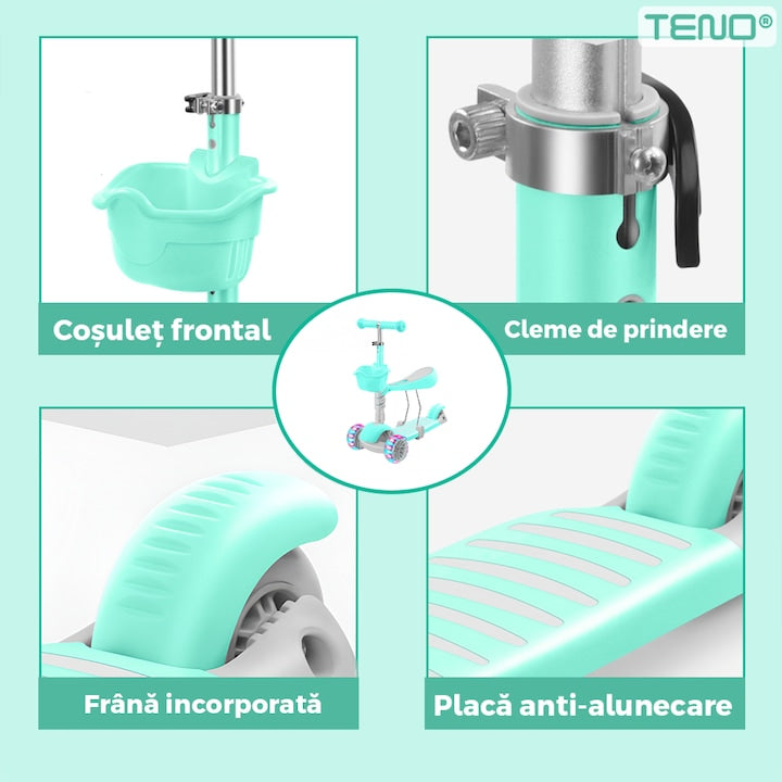 Trotineta pentru Copii 2 in 1 Teno®, scaunel incorporat, lumini,3 roti, cosulet frontal, anti-aluncare, inaltime ajustabila, stabila, frana, incorporata, 3-11 ani, turcoaz