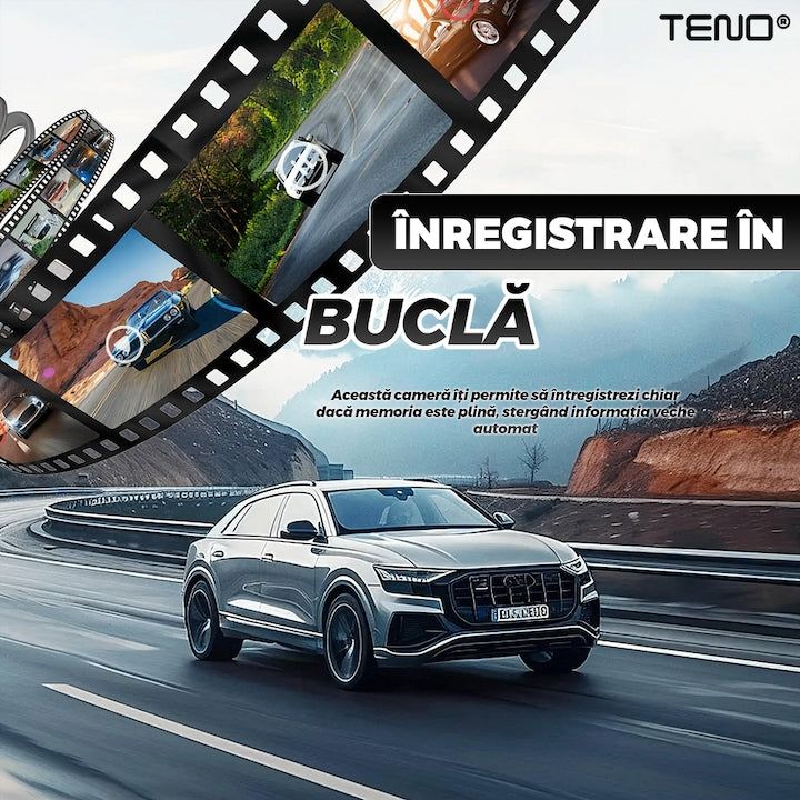 Camera Auto Tripla Teno®, fata, spate, interior, laterale, vizualizare unghi de 140°, camera marsarier, ecran de 4”, LED, full HD 1080p, loop recording, negru