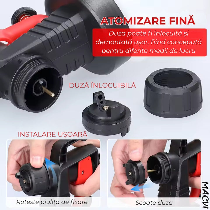 Pistol vopsit electric Macvi® 500W rezervor 800ml, rosu, viteza reglabila 32000rpm, 3 moduri de pulverizare, pulverizare fina, duze interschimbabile pentru interior tavan gard lac lemn metal