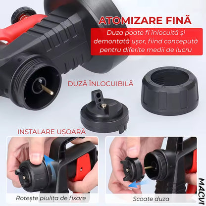 Pistol vopsit electric Macvi® 500W rezervor 800ml, rosu, viteza reglabila 32000rpm, 3 moduri de pulverizare, pulverizare fina, duze interschimbabile pentru interior tavan gard lac lemn metal