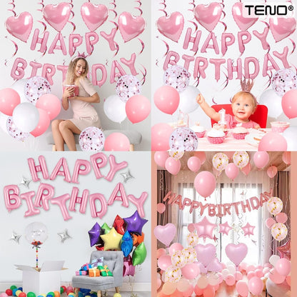 Set 25 Baloane Teno®, Litere, pentru Petreceri/Aniversari/Evenimente, confetti, stelute, model HAPPY BIRTHDAY, rose