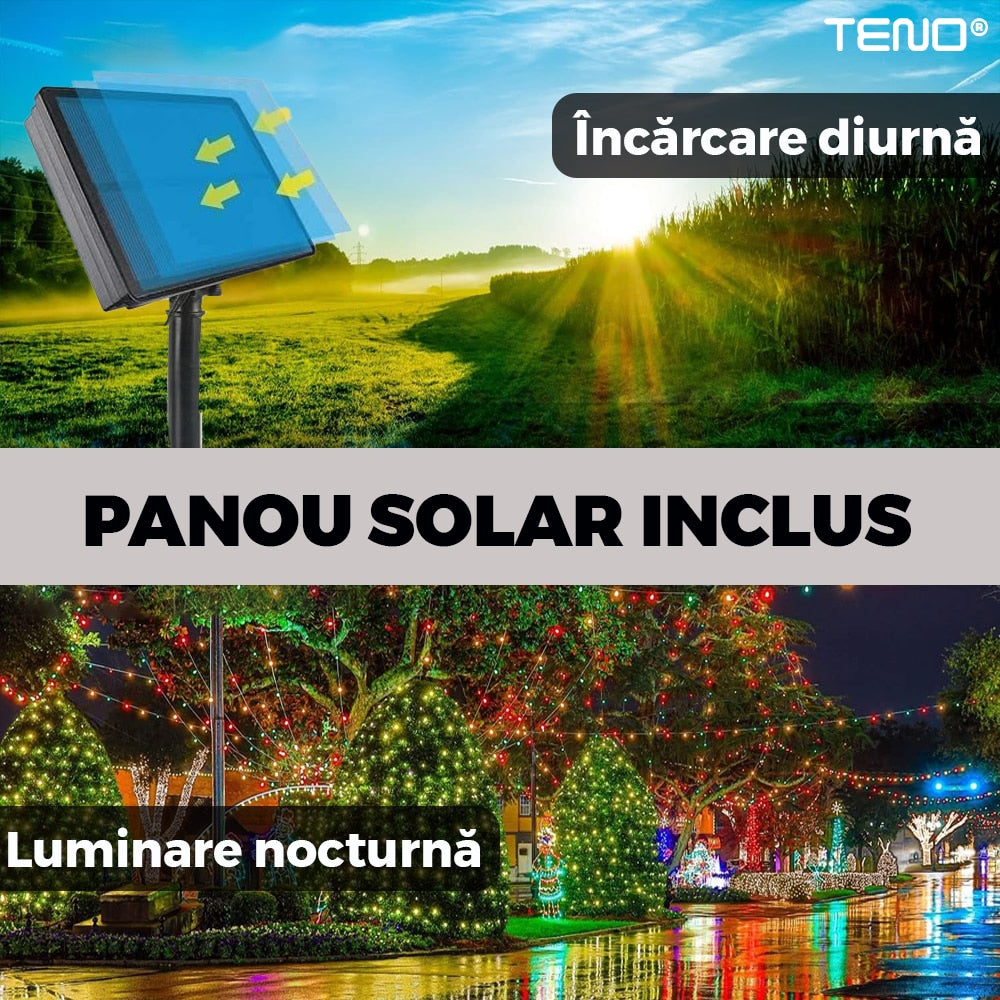 Instalatie de Craciun Liniara cu Panou Solar Teno®, 10 m, 8 jocuri de lumini, alimentare la priza, fir verde, interior/exterior, rezistenta la apa, 100 LED-uri, alb rece