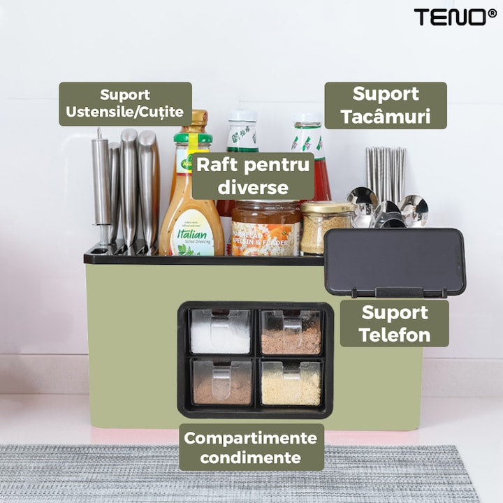 Organizator Multifunctional pentru Bucatarie Teno®, 4 Compartimente, raft condimente, suport detasabil telefon, tavita de scurgere, suport tacamuri/ustensile, verde deschis