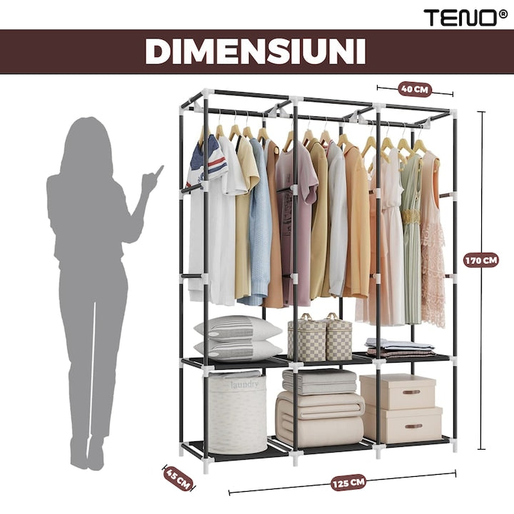 Dulap din Material Textil pentru Haine si Incaltaminte Teno®, impermeabil, 8 rafturi, inchidere fermoar, suport umerase, cadru otel, 170 cm, maro