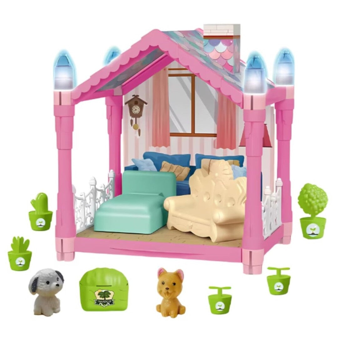Casuta pentru Papusi Macvi® 44 Piese cu Lumini Sunete Mobilier si Accesorii Roz Multicolor