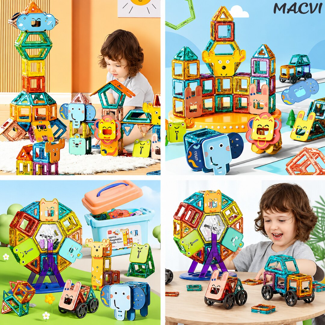Set 36 piese magnetice constructie Macvi®, joc educativ copii 3 ani+, dezvolta creativitatea, gandirea logica, abilitati matematice, multicolor