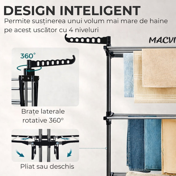 Uscator vertical pentru rufe Macvi®, cu 3 nivele de uscare, mobil si pliabil, suport umerase, negru