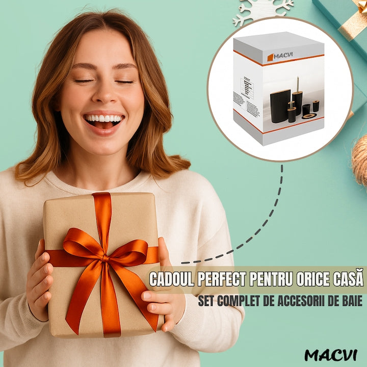 Set Baie Macvi® 6 Piese Negru Mat cu Accente de Lemn, Cos Gunoi, Perie WC, Dozator Sapun, Suport Periute, Pahar si Sapuniera