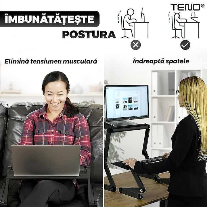 Masuta pentru Laptop 2 in 1 Teno®, reglabila pe inaltime, fante de aerisire, suport reglabl pentru mouse, multifunctionala, versatila, 42 x 26 cm, negru
