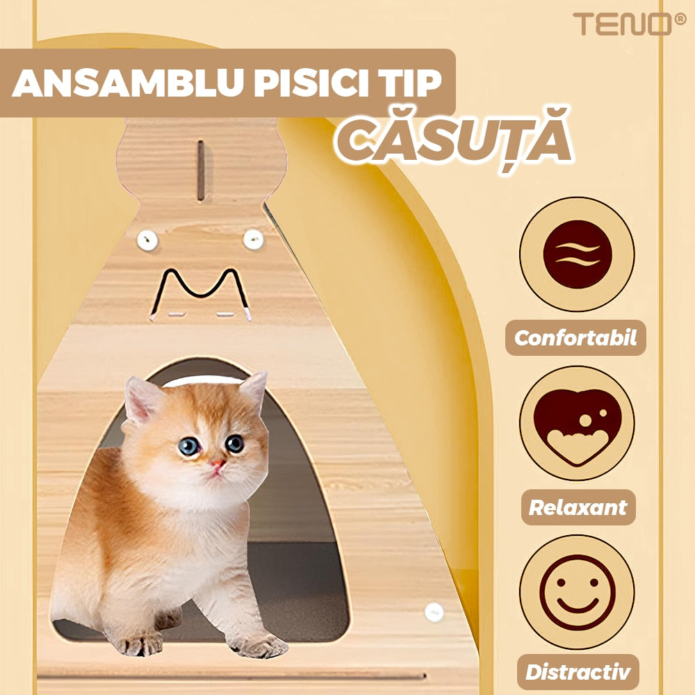 Ansamblu de Joaca pentru Pisici Teno, Casuta, Maro Deschis, Usor de Mutat