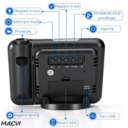 Ceas cu Calendar Macvi®, Alarma si Proiector Tip LED DS-8190