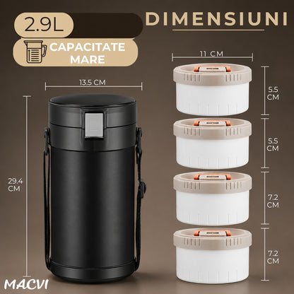 Caserola termica Macvi® 2.9L, Inox 304 alimentar, 4 compartimente separate, etansa, izolatie termica, mentine alimentele calde si reci 4-12 ore, fara BPA, pentru birou, scoala, picnic, camping, Negru