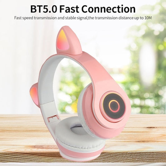 Casti Macvi® Wireless Pliabile cu Urechi de Pisica, Bluetooth 5.0, HiFi, Bass Stereo, LED, Roz