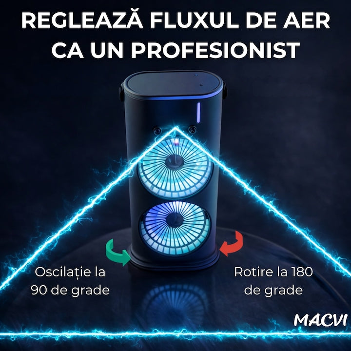 Ventilator Portabil Macvi® cu Pulverizare si Dublu Cap, Sistem de Racire cu Apa, 3 Trepte Viteza, Reglabil 360°, Alimentare USB, Ideal pentru Vara, Birou sau Exterior