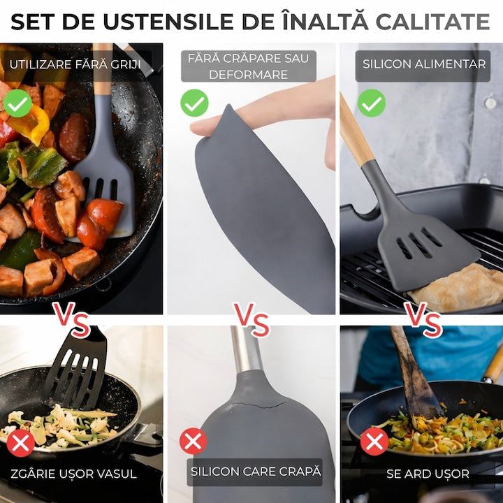 Set Ustensile Bucatarie Macvi® 19 Piese Silicon Termorezistent si Bambus, Cutite Inox, Suport Organizator Compact, Design Gri Elegant