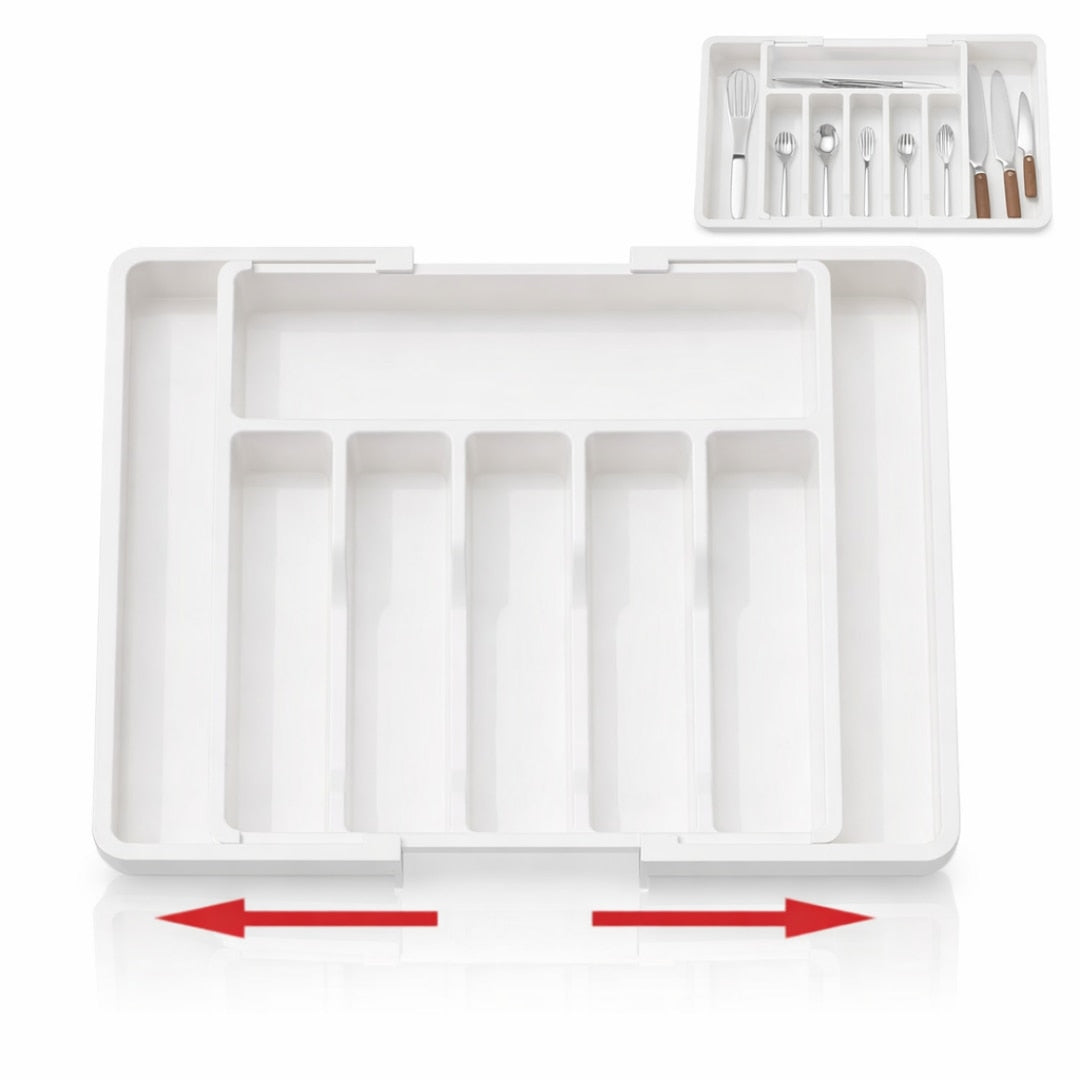 Organizator extensibil Macvi® 8 compartimente, pentru sertar, Sistem modular pentru tacamuri si ustensile de bucatarie, Alb