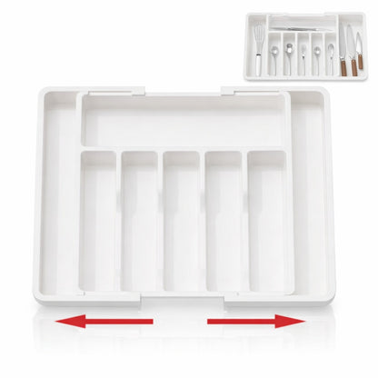 Organizator extensibil Macvi® 8 compartimente, pentru sertar, Sistem modular pentru tacamuri si ustensile de bucatarie, Alb