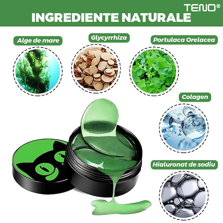 Set 60 de Plasturi pentru Ochi Teno®, cu alge marine, hialuronat de sodiu, hidratanti, pentru ingrijirea ochilor, lumineaza cercurile ochilor, reduc pungile de sub ochi, verde
