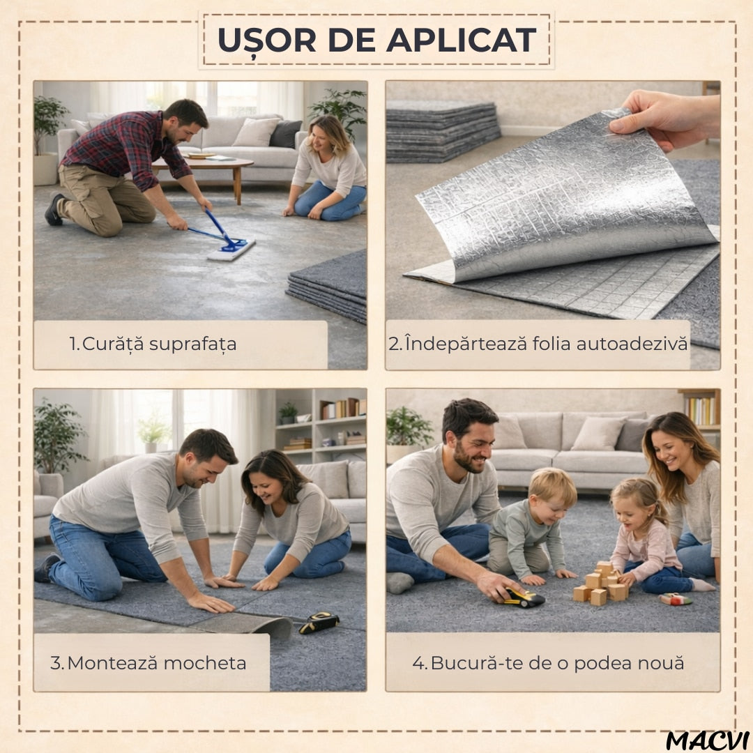 Mocheta scari Macvi® dale autoadezive 60x60 cm, 1 buc. mocheta textila, ajustabila, montaj rapid fara unelte, curatare usoara, potrivita pentru scari, camera copiilor, dressing, aplicare rapida