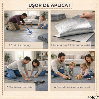 Mocheta scari Macvi® dale autoadezive 60x60 cm, 1 buc. mocheta textila, ajustabila, montaj rapid fara unelte, curatare usoara, potrivita pentru scari, camera copiilor, dressing, aplicare rapida